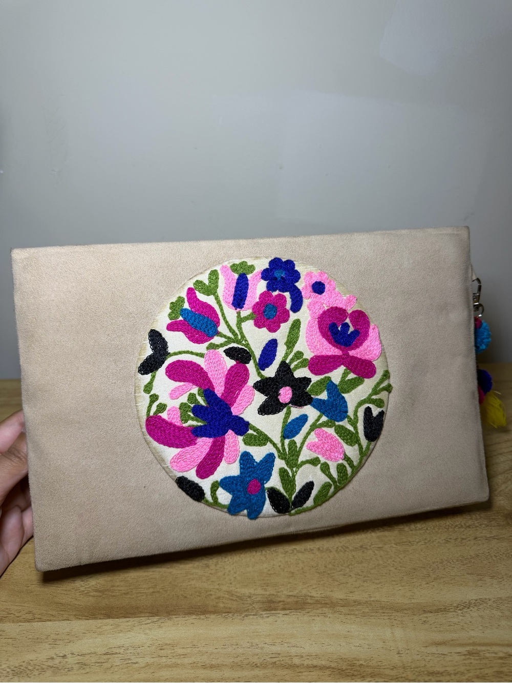 Beige Floral Embroidered Clutch - Pink & Blue Accent